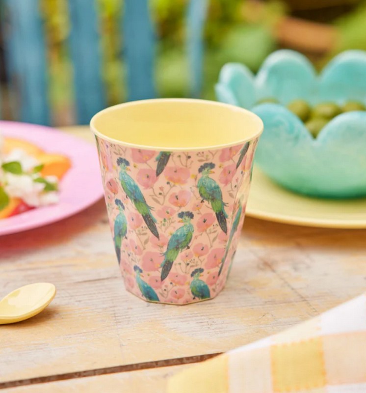 Bicchiere acqua in melamina decorato con uccelli esotici, adatto per adulti e bambini